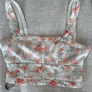 Marciano White Embroidered Crop Top with Peach Floral Detail